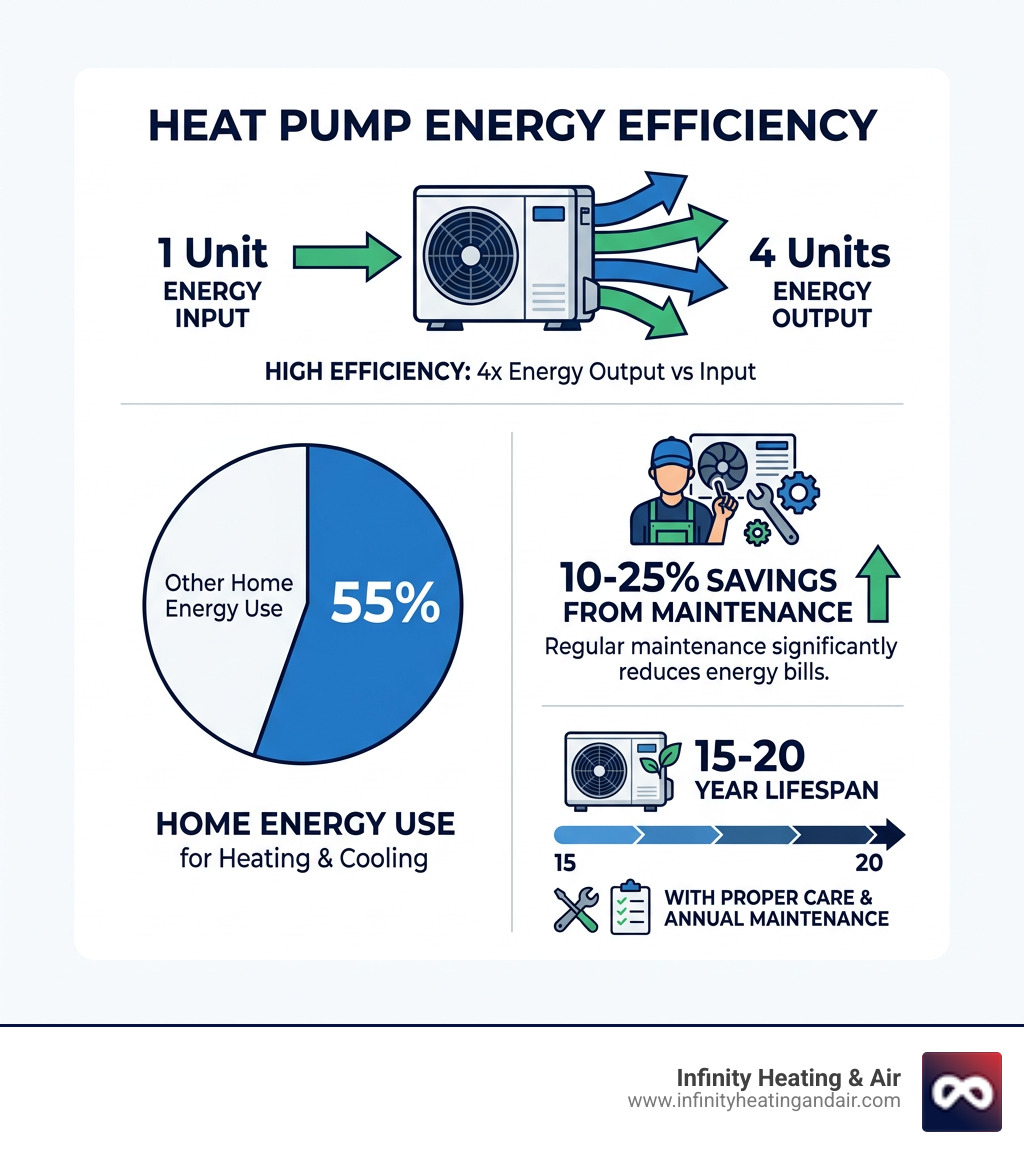 Infographic showing heat pump energy efficiency: 4x energy output vs input, 55% home energy use, 10-25% savings from