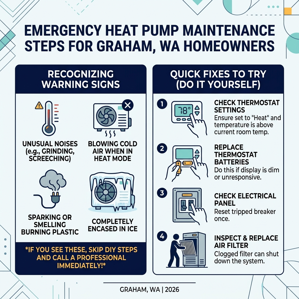 Infographic showing emergency heat pump maintenance steps for Graham WA homeowners with warning signs and quick fixes Infographic showing emergency heat pump maintenance steps for Graham WA homeowners with warning signs and quick fixes