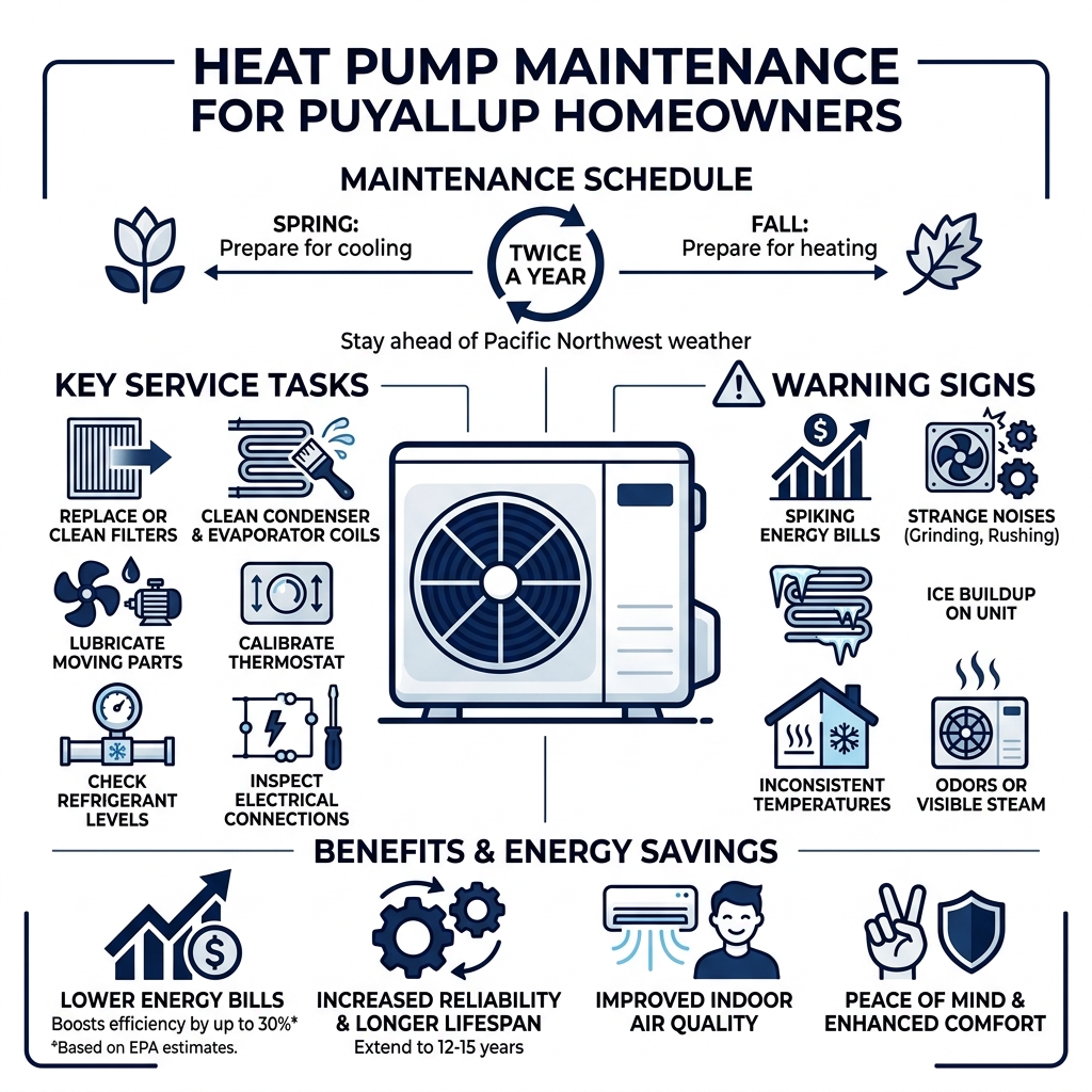Infographic showing heat pump maintenance schedule, key service tasks, warning signs, and energy savings for Puyallup WA Infographic showing heat pump maintenance schedule, key service tasks, warning signs, and energy savings for Puyallup WA