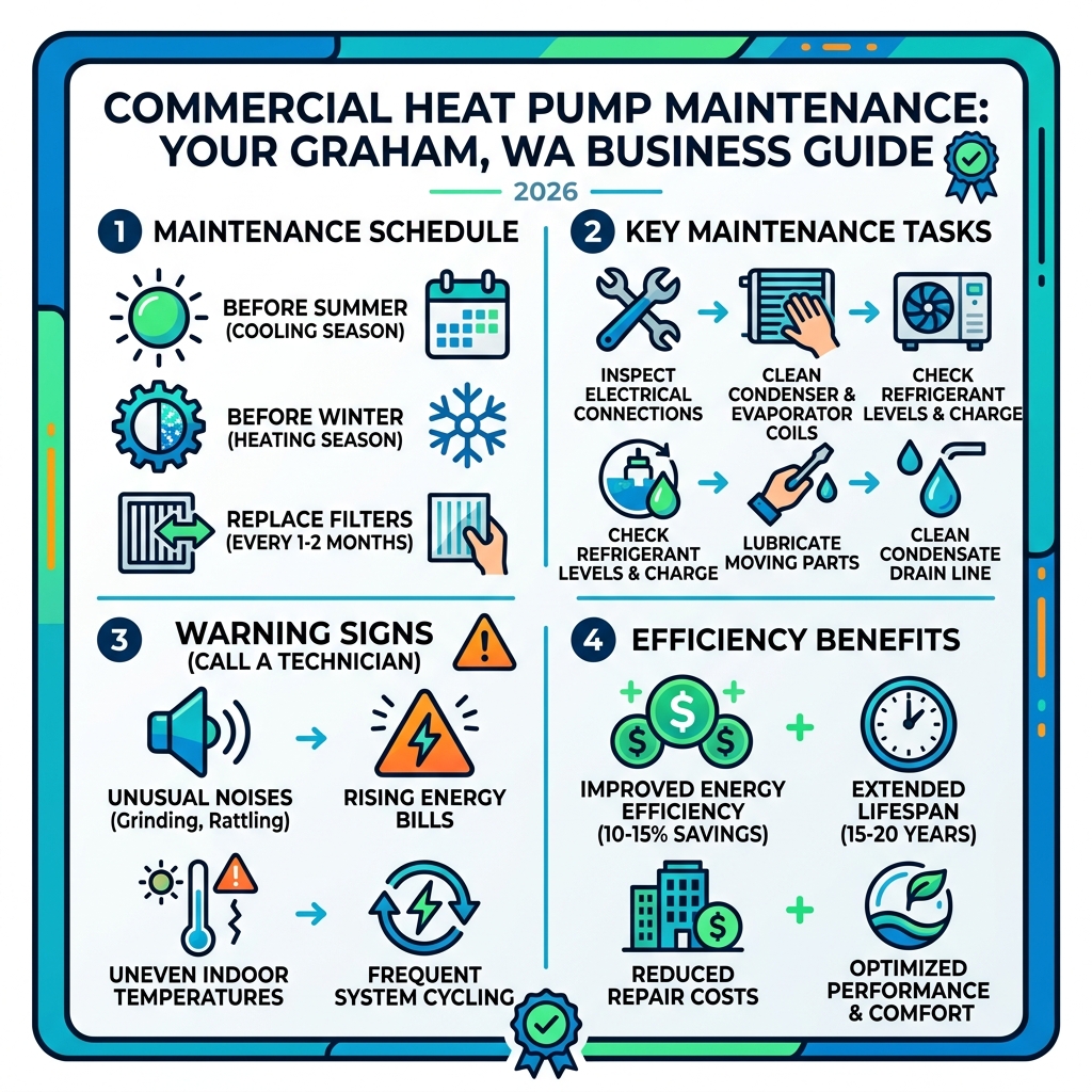 Infographic showing commercial heat pump maintenance schedule, key tasks, warning signs, and efficiency benefits
