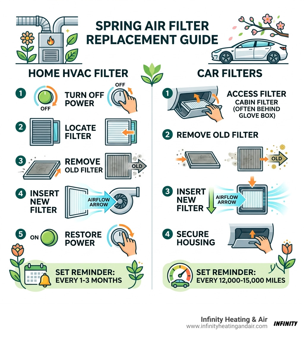 Step-by-step spring air filter replacement guide infographic for home HVAC and car filters - spring air filter replacement