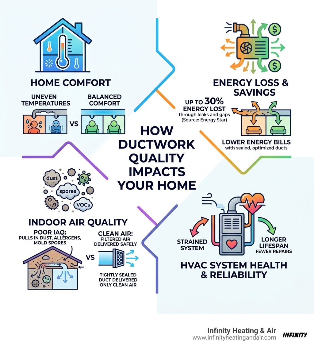 Infographic showing how ductwork quality affects comfort, energy loss, and air quality in a home - how ductwork quality