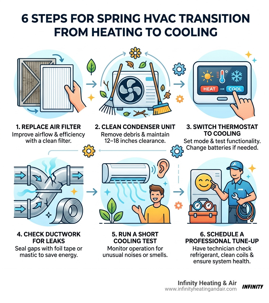 Infographic showing 6 steps for spring HVAC transition from heating to cooling mode - spring hvac transition from heating to