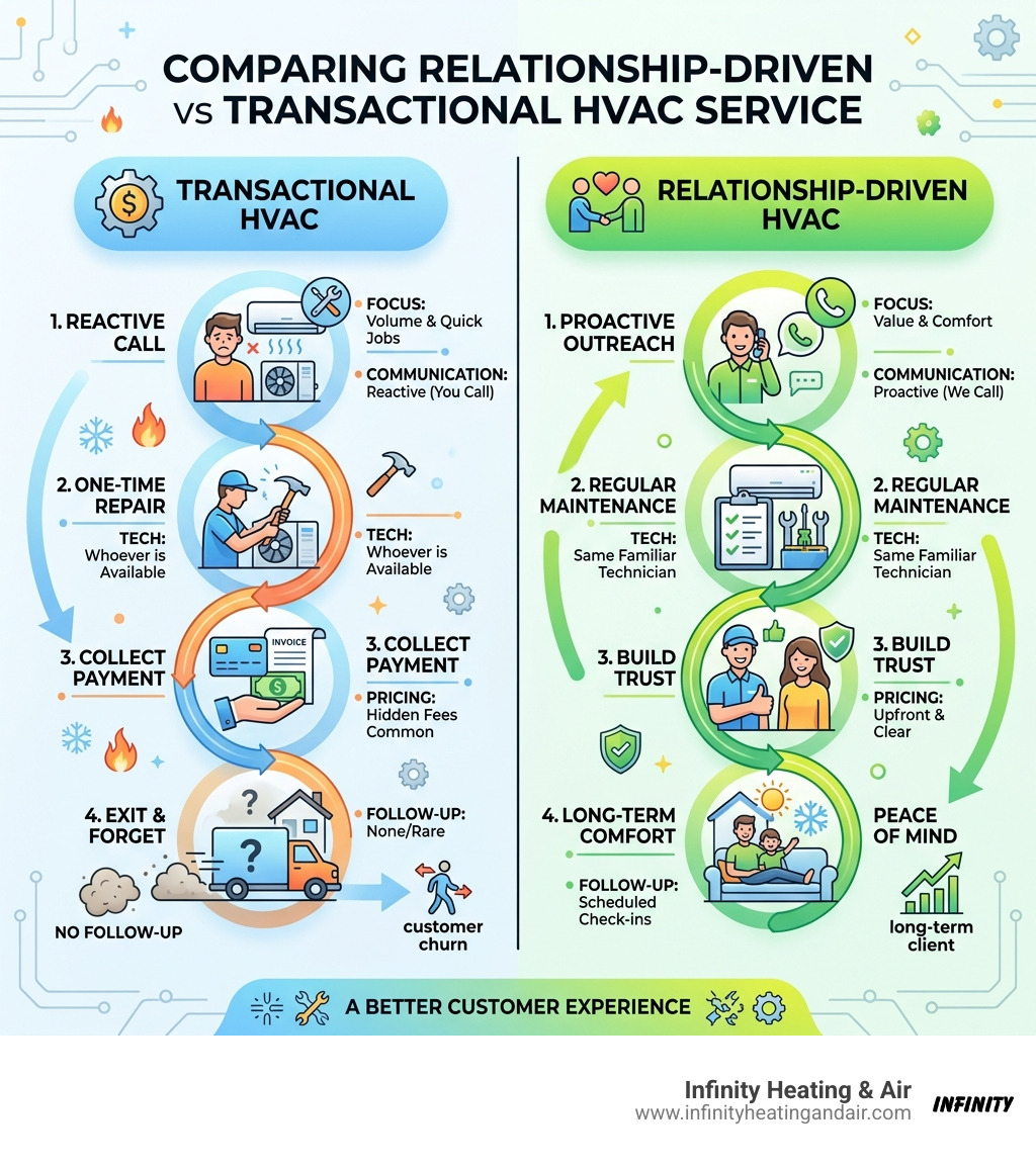 infographic comparing relationship-driven vs transactional HVAC service cycle and key differentiators - how relationship