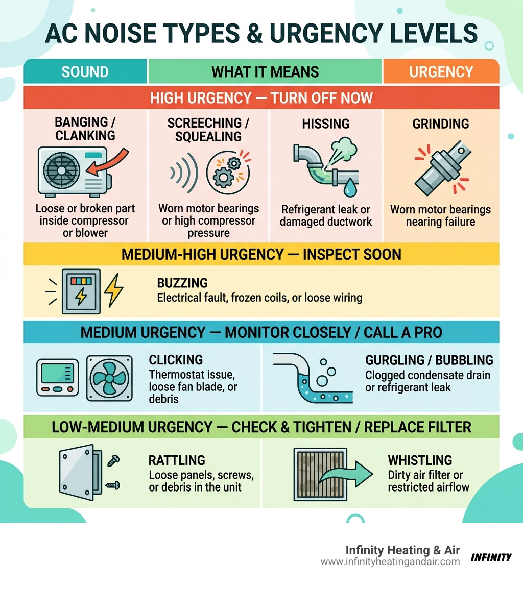 AC noise types and urgency levels infographic - ac making strange noises what they mean infographic 