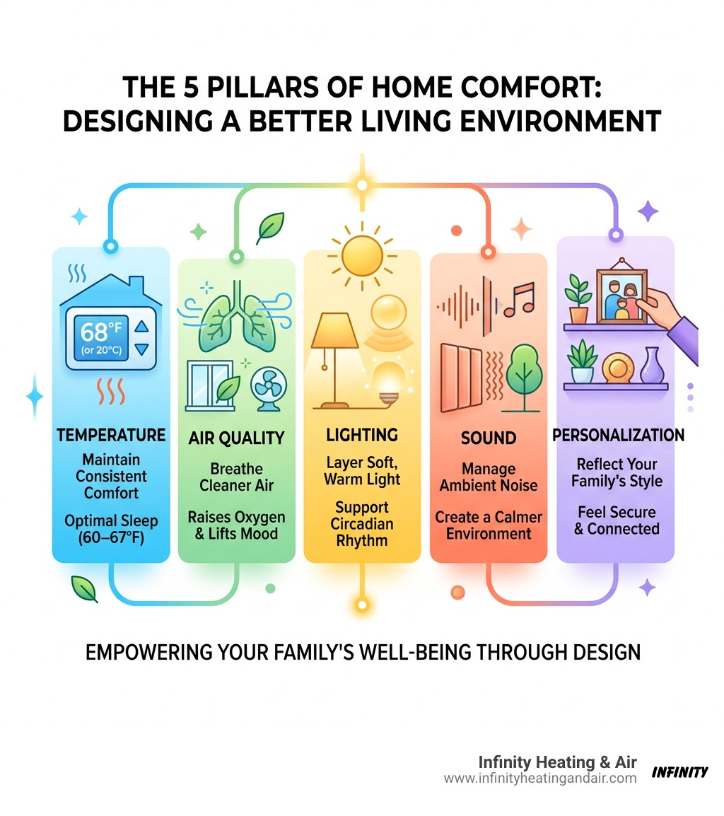 Infographic showing 5 pillars of home comfort: temperature, air quality, lighting, sound, and personalization - how