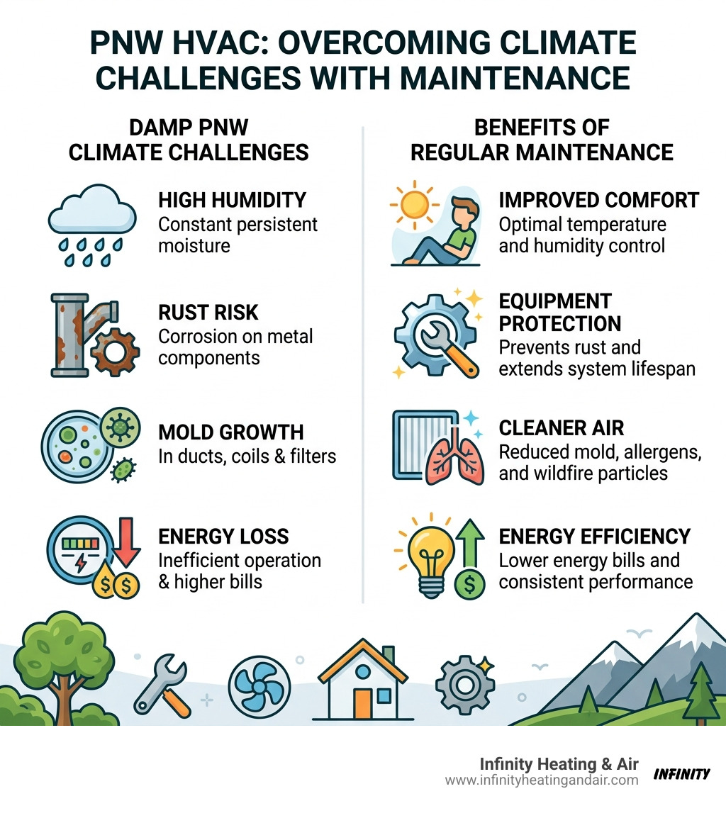 Infographic showing PNW HVAC challenges: high humidity, rust risk, mold growth, energy loss, and maintenance benefits Infographic showing PNW HVAC challenges: high humidity, rust risk, mold growth, energy loss, and maintenance benefits