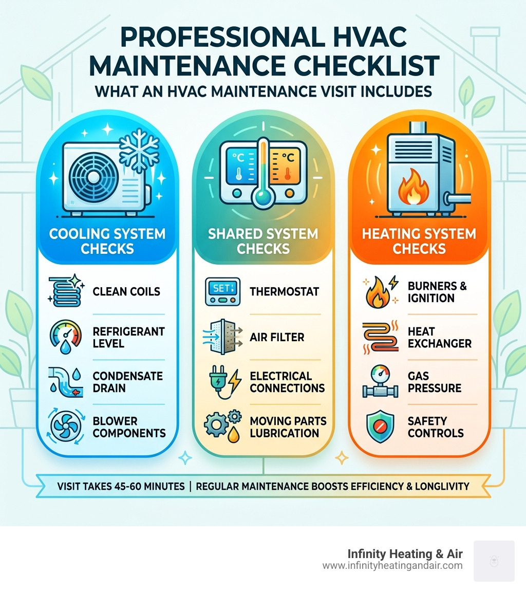 HVAC maintenance visit checklist infographic showing cooling, heating, and shared system checks - what does an hvac HVAC maintenance visit checklist infographic showing cooling, heating, and shared system checks - what does an hvac