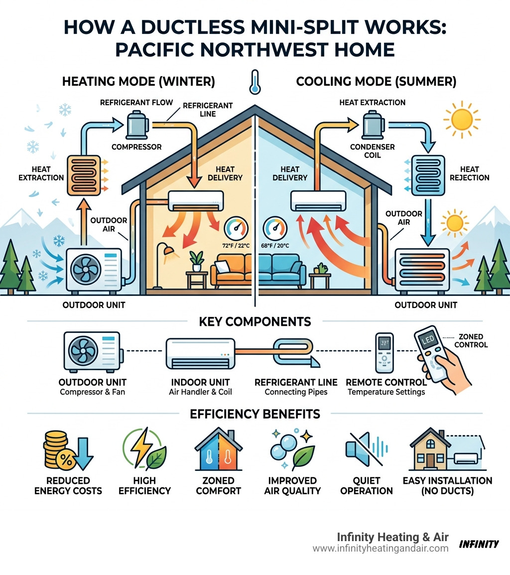 Infographic showing how a ductless mini-split heat pump works in a Pacific Northwest home, including heat transfer cycle Infographic showing how a ductless mini-split heat pump works in a Pacific Northwest home, including heat transfer cycle