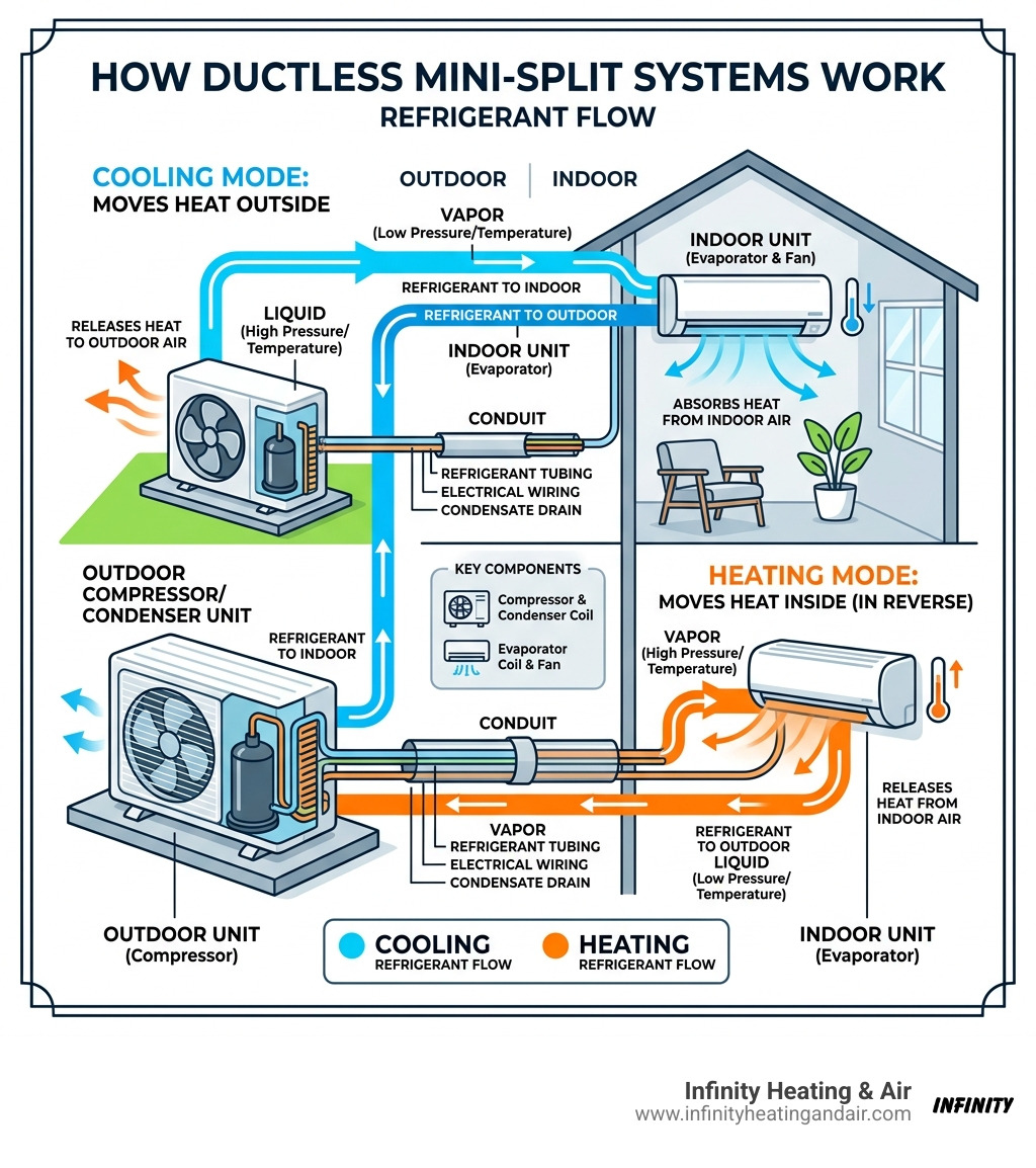 Infographic showing mini split system: outdoor compressor, indoor unit, conduit, refrigerant flow arrows for heating and