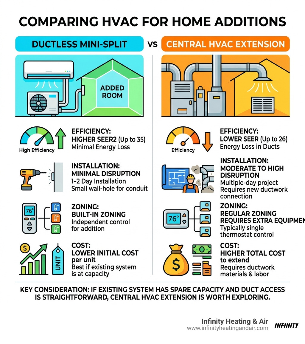 Infographic comparing ductless mini-split vs central HVAC for home additions: efficiency, installation, zoning, and cost Infographic comparing ductless mini-split vs central HVAC for home additions: efficiency, installation, zoning, and cost