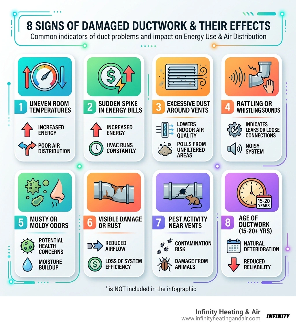Infographic showing 8 signs of damaged ductwork and their effects on energy use and air distribution - signs your ductwork Infographic showing 8 signs of damaged ductwork and their effects on energy use and air distribution - signs your ductwork