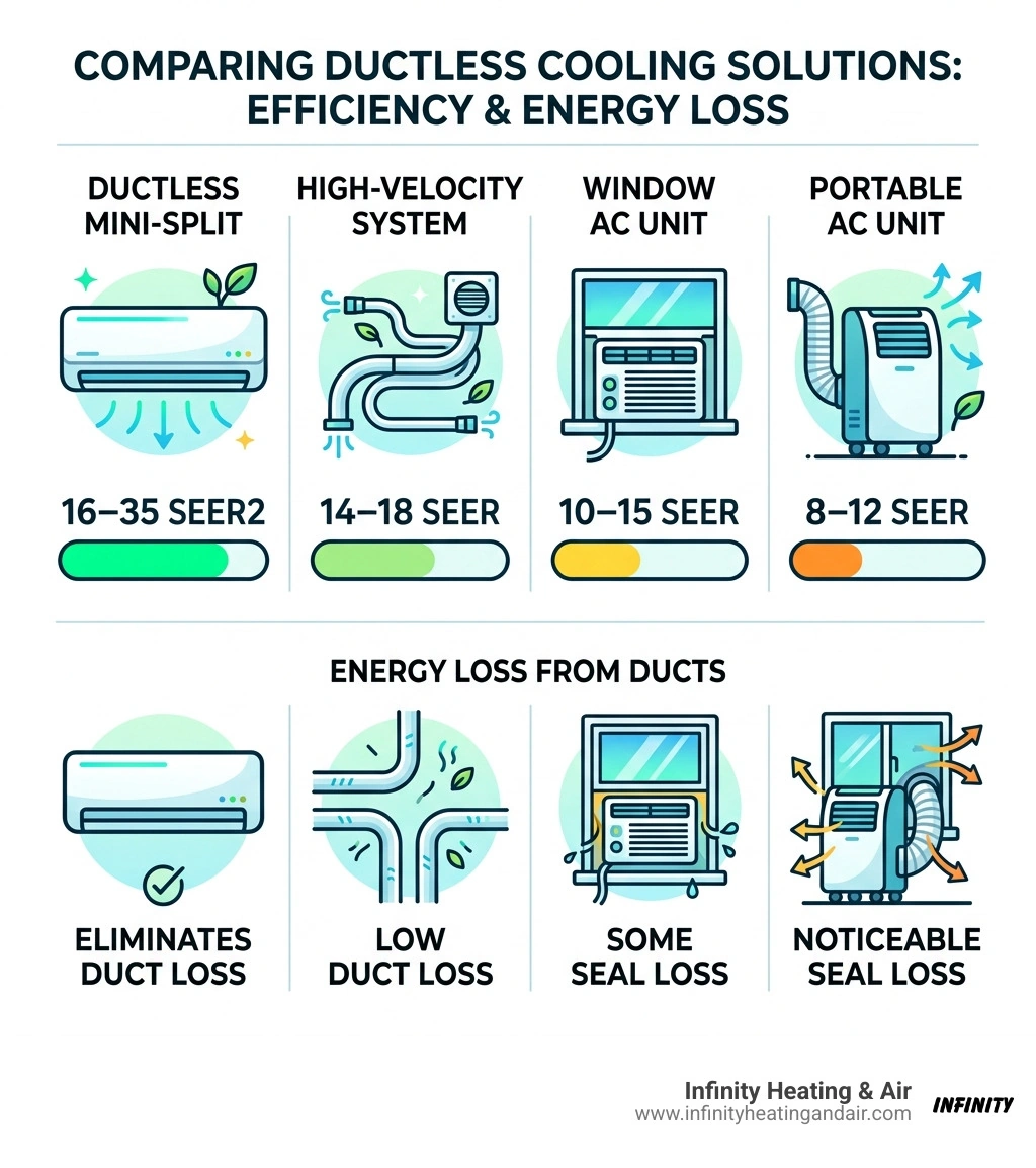 Infographic comparing energy loss and SEER ratings for ductless mini-splits, high-velocity systems, window ACs, and portable