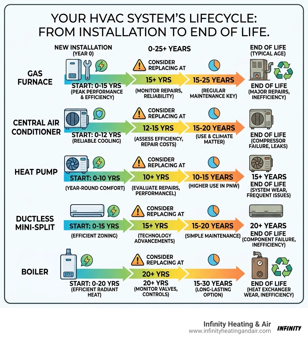 Infographic showing HVAC system lifecycle from new installation to end of life by equipment type - how old is too old for an