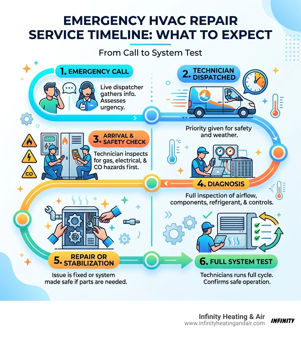 Emergency HVAC repair service timeline infographic from call to system test - emergency hvac repair what to expect Emergency HVAC repair service timeline infographic from call to system test - emergency hvac repair what to expect