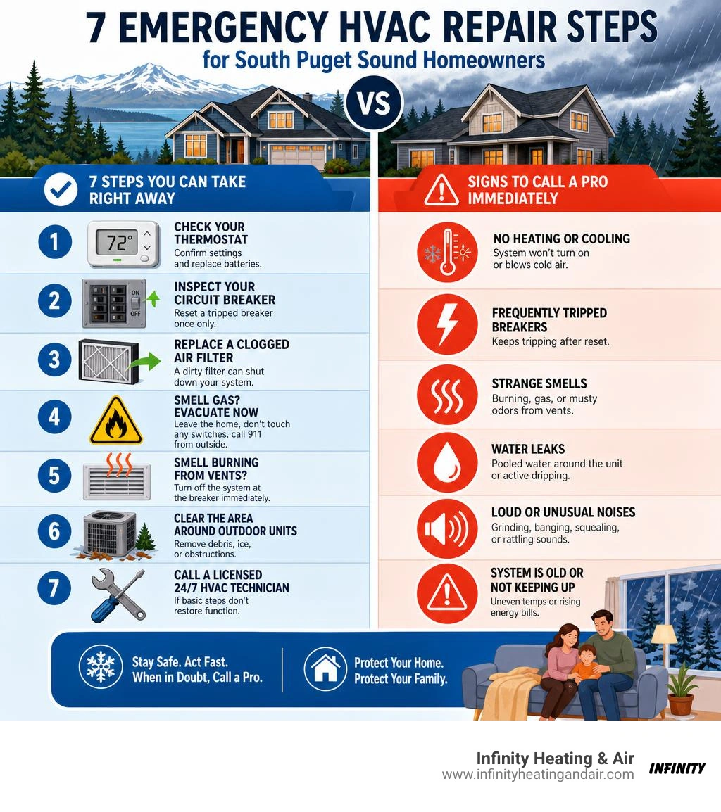 Infographic showing 7 emergency HVAC repair steps for South Puget Sound homeowners vs signs to call a pro infographic