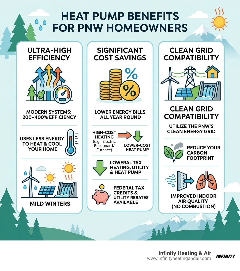 Infographic showing heat pump benefits for Pacific Northwest homeowners including efficiency, cost savings, and clean grid