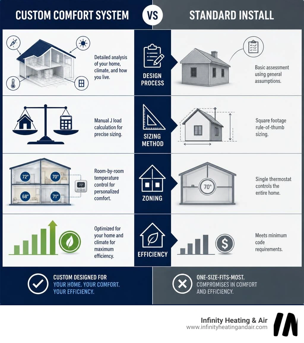 Custom comfort system vs standard install comparison infographic showing design process, sizing method, zoning, and Custom comfort system vs standard install comparison infographic showing design process, sizing method, zoning, and