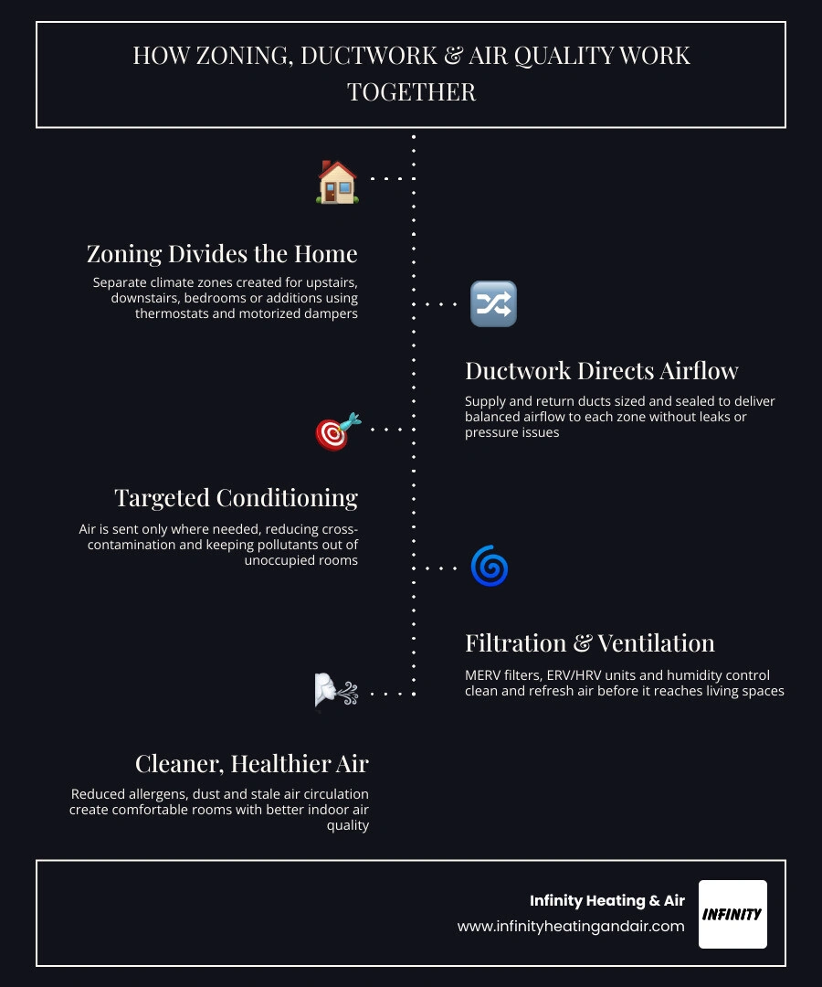 Infographic showing how zoning, ductwork, filtration, ventilation, and humidity control connect in a whole-home HVAC system Infographic showing how zoning, ductwork, filtration, ventilation, and humidity control connect in a whole-home HVAC system