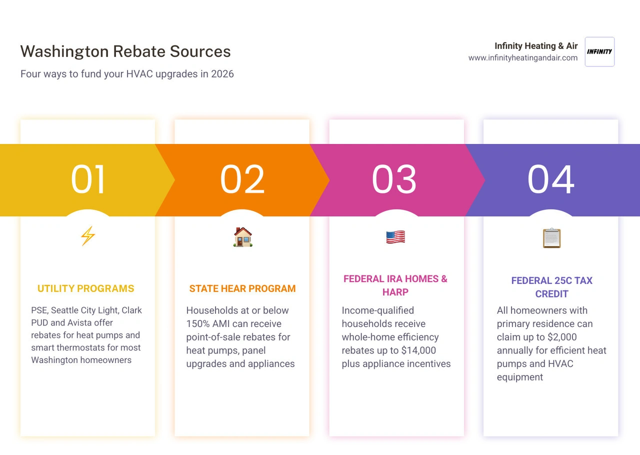 2026 Washington HVAC rebate landscape showing utility, state, and federal program tiers and income thresholds infographic