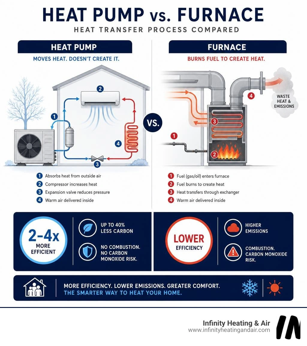 Infographic comparing heat pump heat transfer process vs furnace combustion with efficiency and emissions data infographic Infographic comparing heat pump heat transfer process vs furnace combustion with efficiency and emissions data infographic
