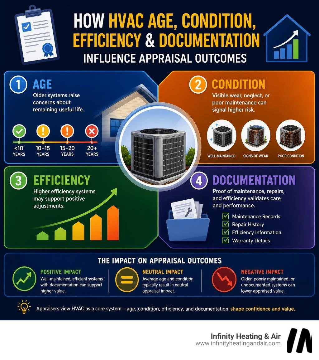 How HVAC age, condition, efficiency, and documentation influence appraisal outcomes infographic