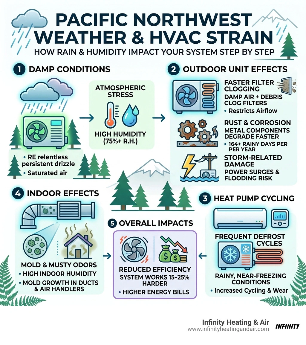 Infographic showing how Pacific Northwest rain and humidity strain HVAC systems step by step - how pacific northwest rain