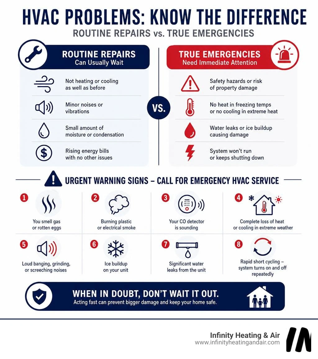Infographic comparing routine HVAC repairs vs true HVAC emergencies with warning signs list infographic