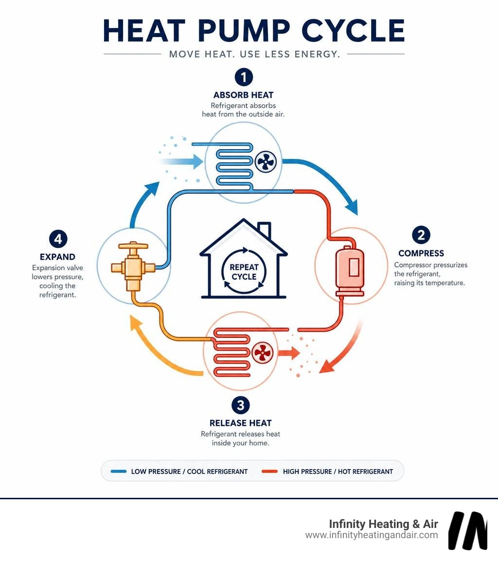 infographic showing heat pump transfer cycle: absorb heat, compress, release heat, expand, repeat infographic