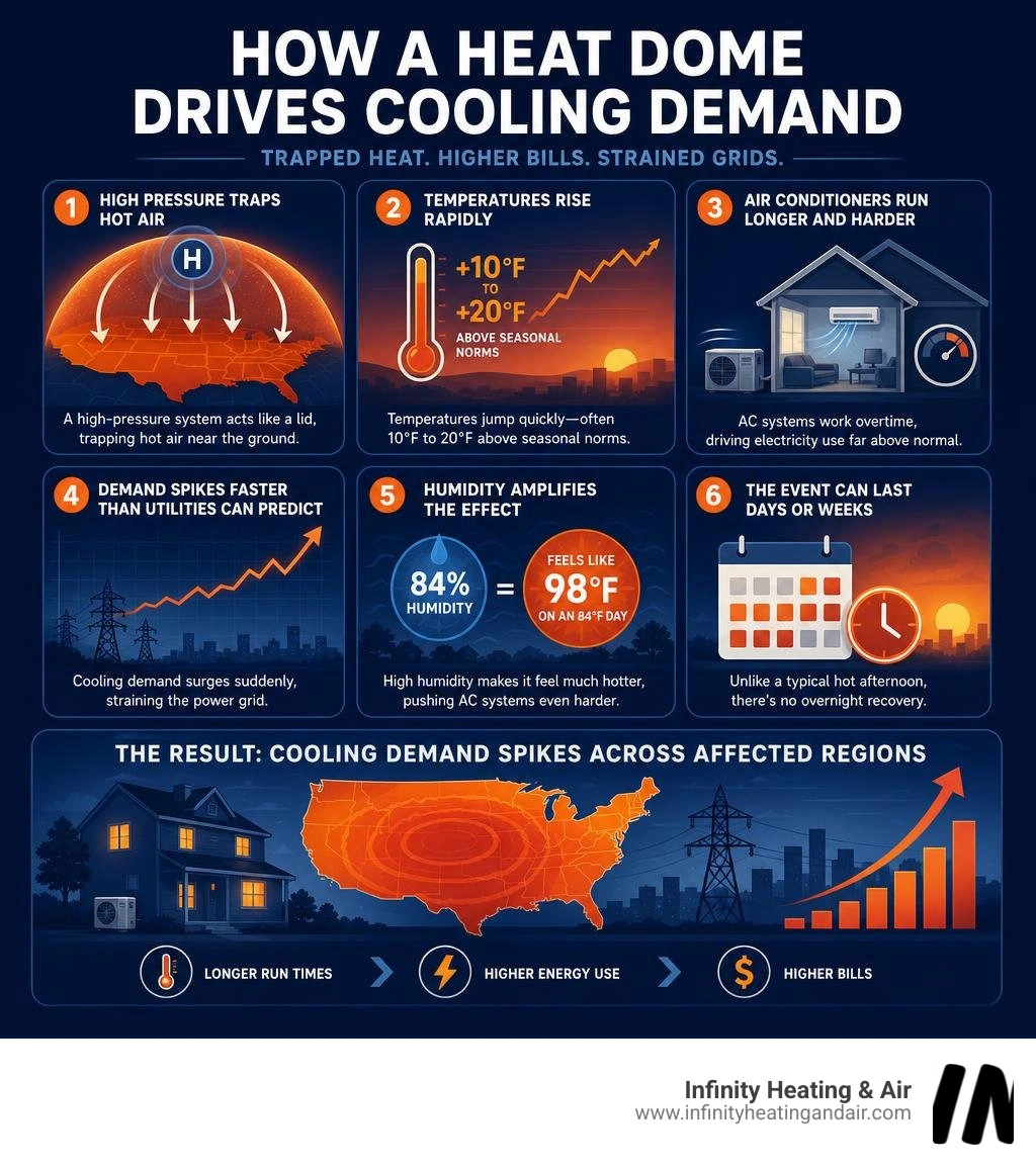 infographic showing how a heat dome traps hot air causing cooling demand to spike across affected regions infographic infographic showing how a heat dome traps hot air causing cooling demand to spike across affected regions infographic
