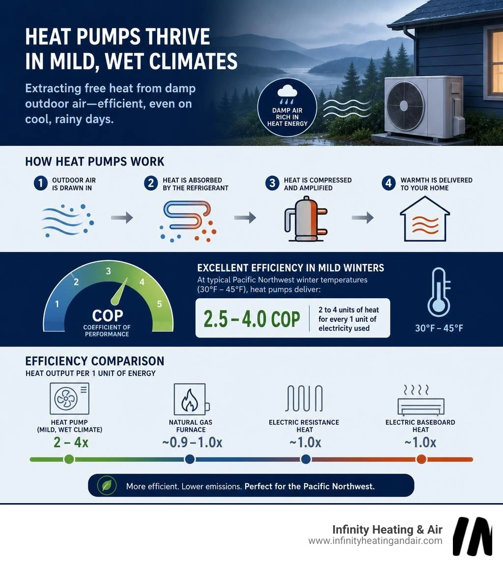 infographic showing how heat pumps extract heat from damp outdoor air in mild wet climates, with COP ratings and efficiency infographic showing how heat pumps extract heat from damp outdoor air in mild wet climates, with COP ratings and efficiency