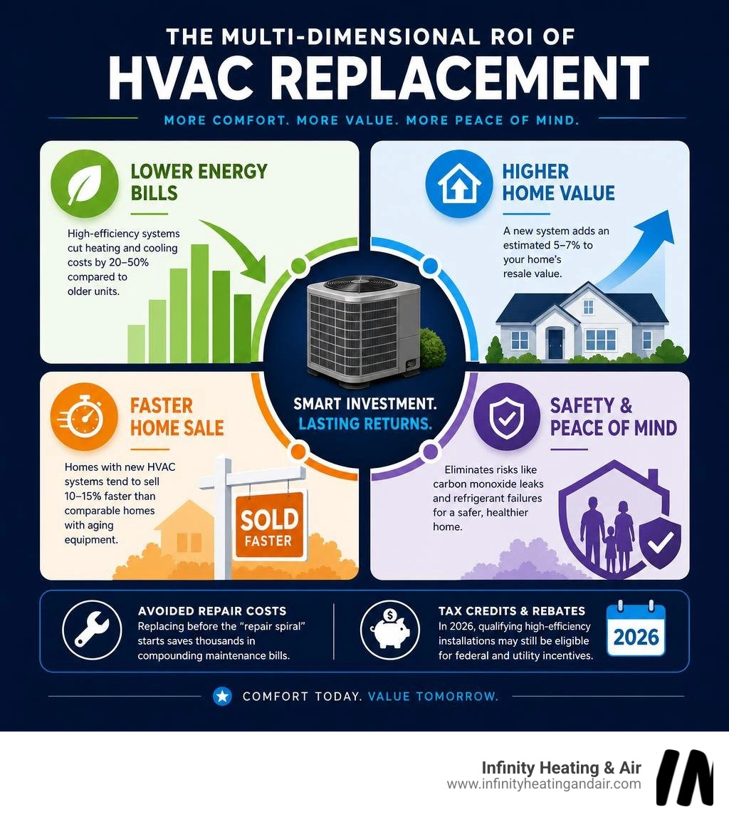 Infographic showing the multi-dimensional ROI of HVAC replacement including energy savings, home value boost, faster sale Infographic showing the multi-dimensional ROI of HVAC replacement including energy savings, home value boost, faster sale