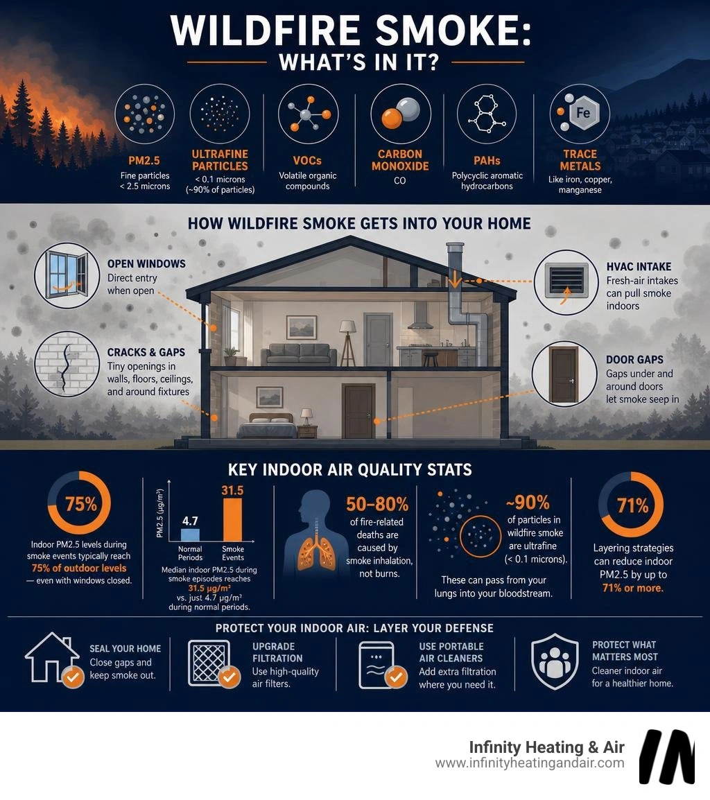 Infographic showing wildfire smoke composition, how it enters homes, and key indoor air quality stats infographic Infographic showing wildfire smoke composition, how it enters homes, and key indoor air quality stats infographic