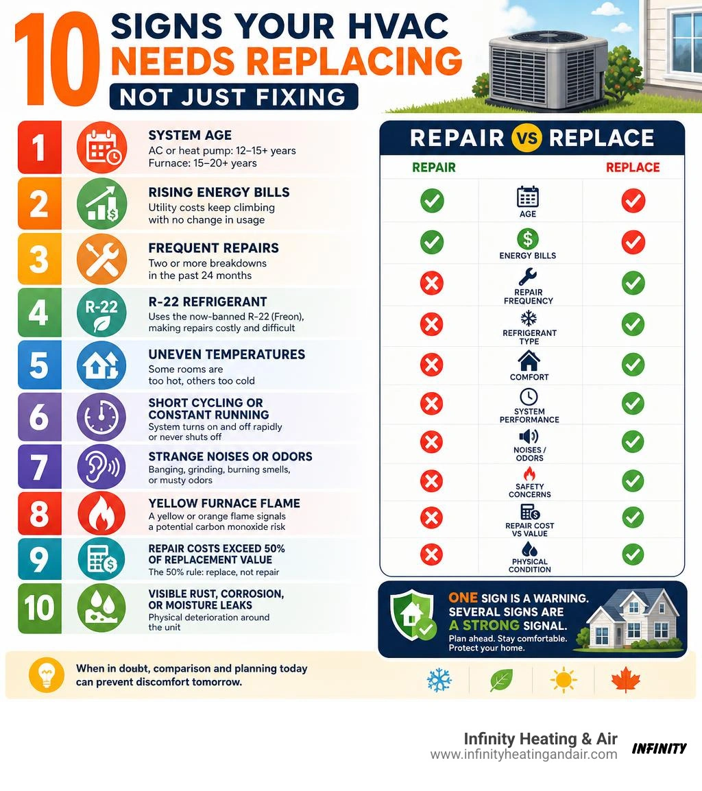 Infographic showing 10 signs your HVAC needs replacing not just fixing with repair vs replace decision guide infographic Infographic showing 10 signs your HVAC needs replacing not just fixing with repair vs replace decision guide infographic