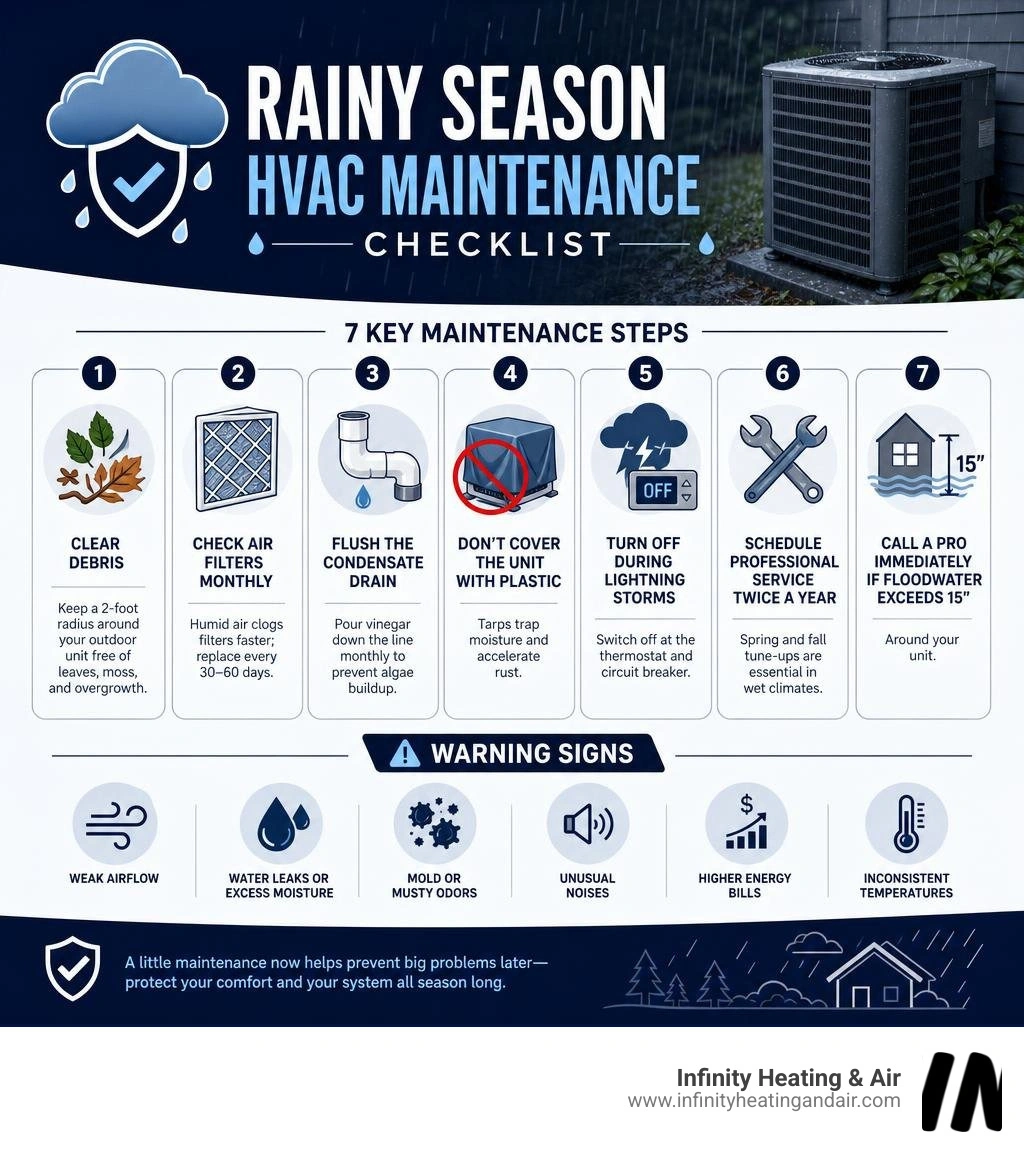 Infographic showing rainy season HVAC maintenance checklist with key steps and warning signs infographic Infographic showing rainy season HVAC maintenance checklist with key steps and warning signs infographic