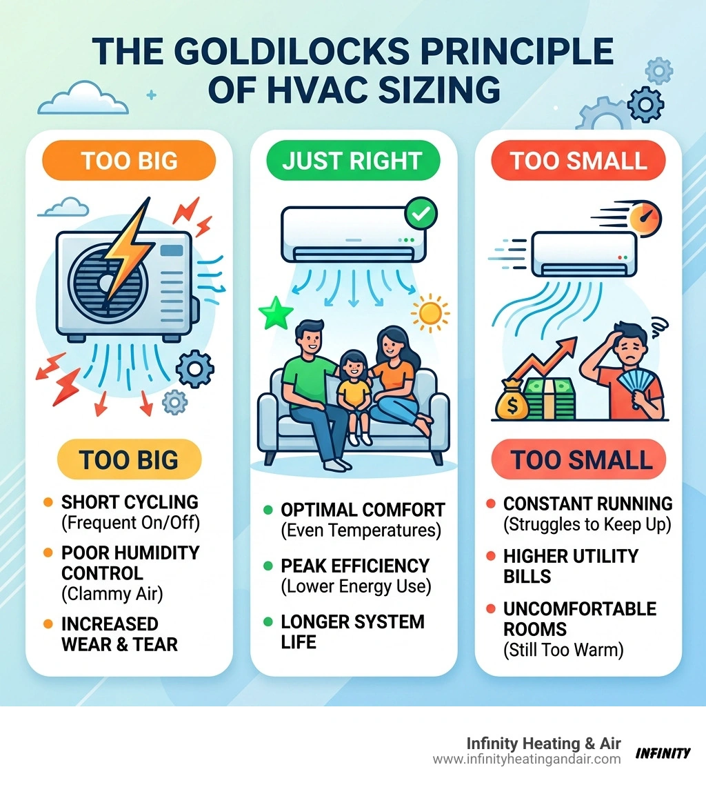 Infographic showing the Goldilocks principle of HVAC sizing: too big causes short cycling and humidity problems, too small Infographic showing the Goldilocks principle of HVAC sizing: too big causes short cycling and humidity problems, too small