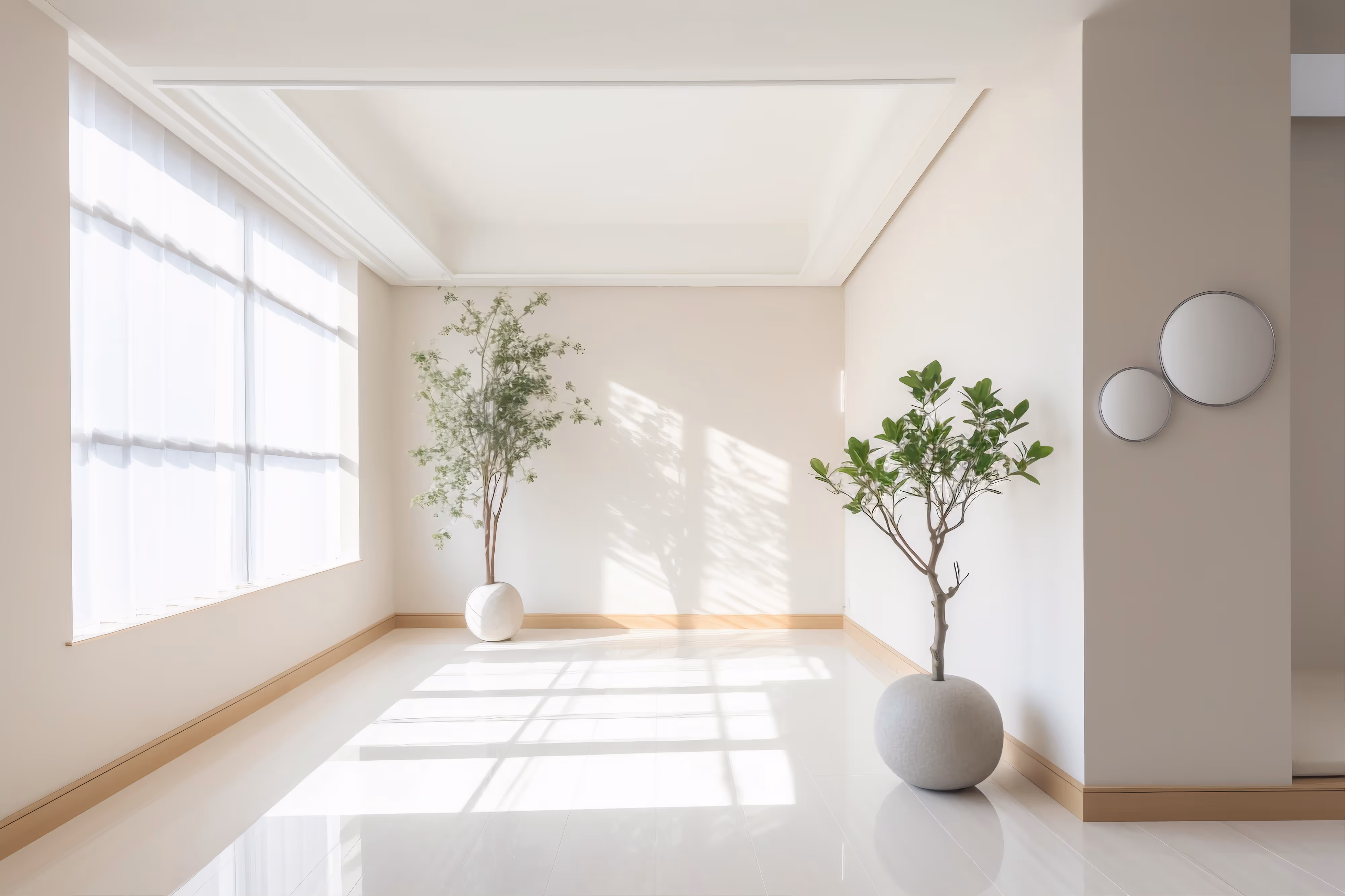 Minimalist room with potted trees and round wall mirrors