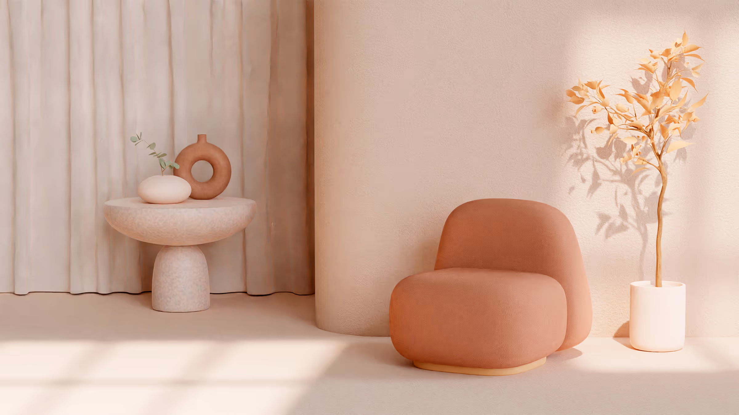 Minimalist beige room with a rounded chair, side table, and potted plant