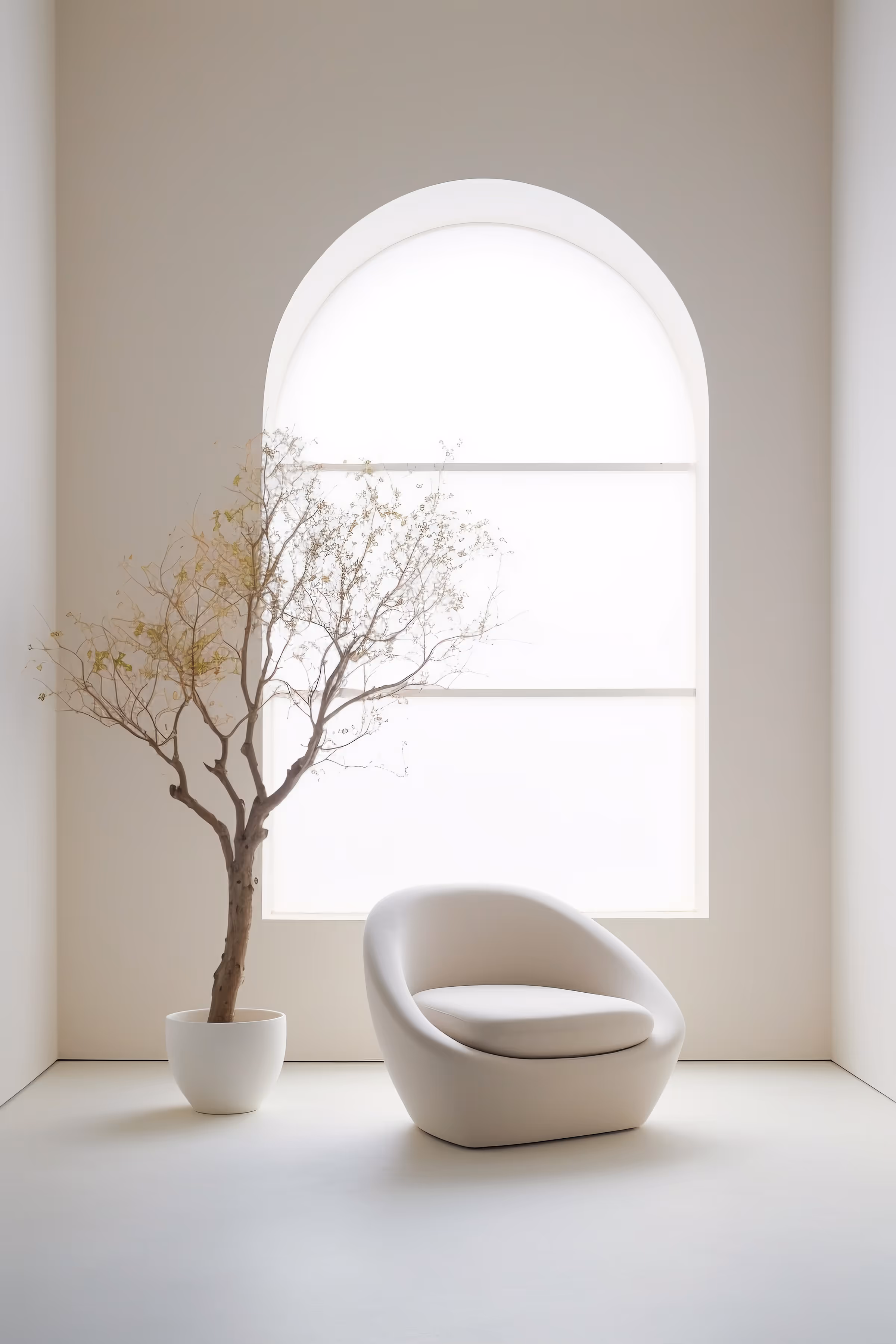Minimalist room with white curved chair and potted tree by arched window