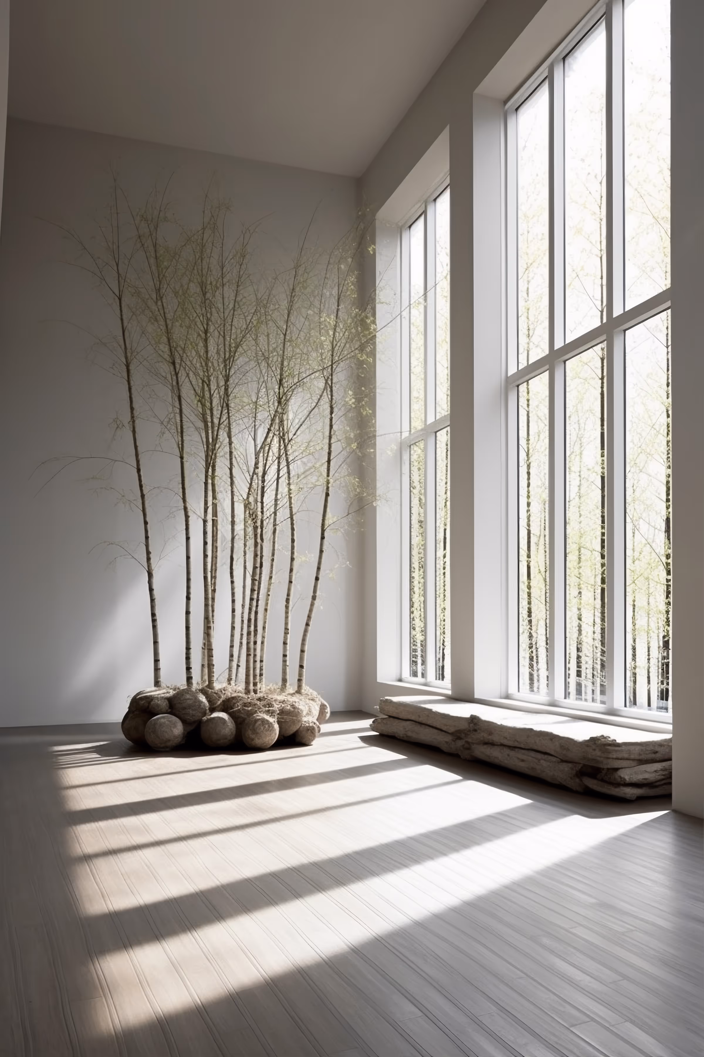 Modern space with tall indoor trees and large floor-to-ceiling windows