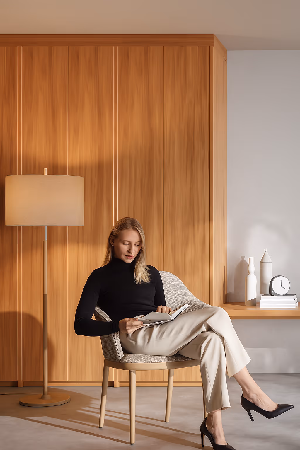 Woman reading a book in a modern chair