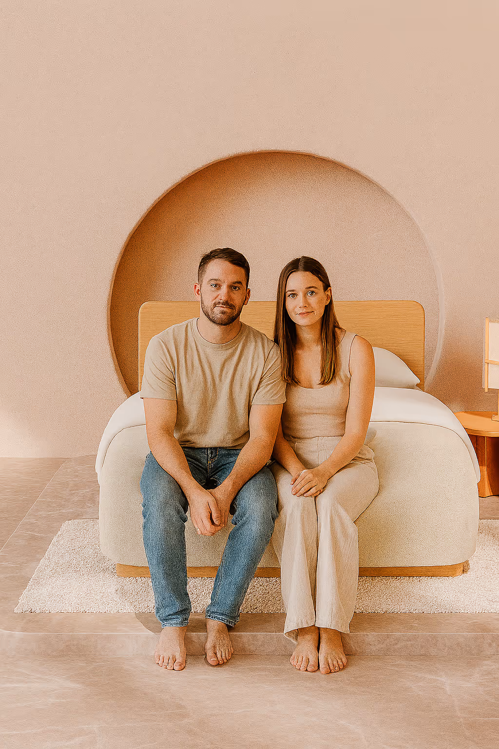 Man and woman sitting on a bed