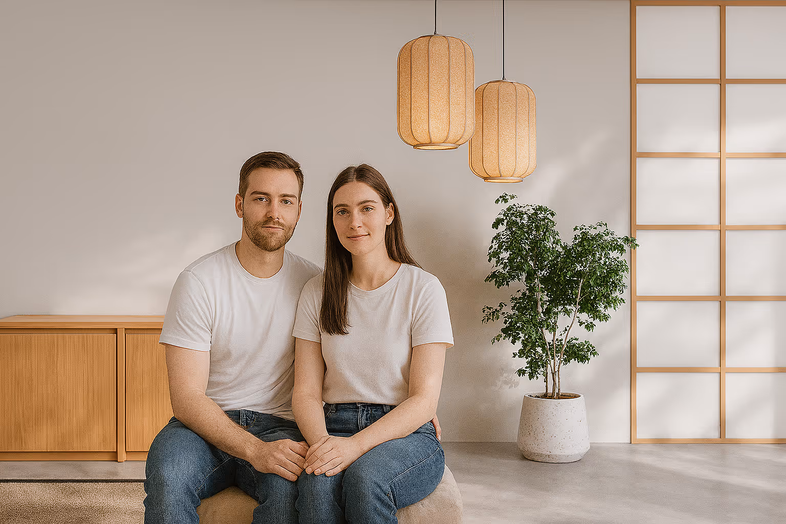 Couple sitting together in a minimalist room