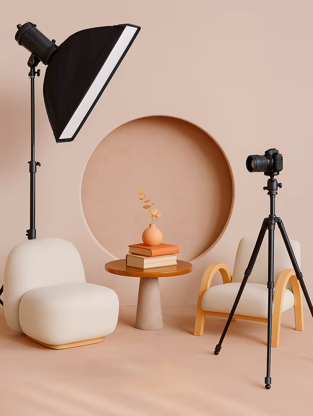 Minimalist studio with chairs, table, and photo gear
