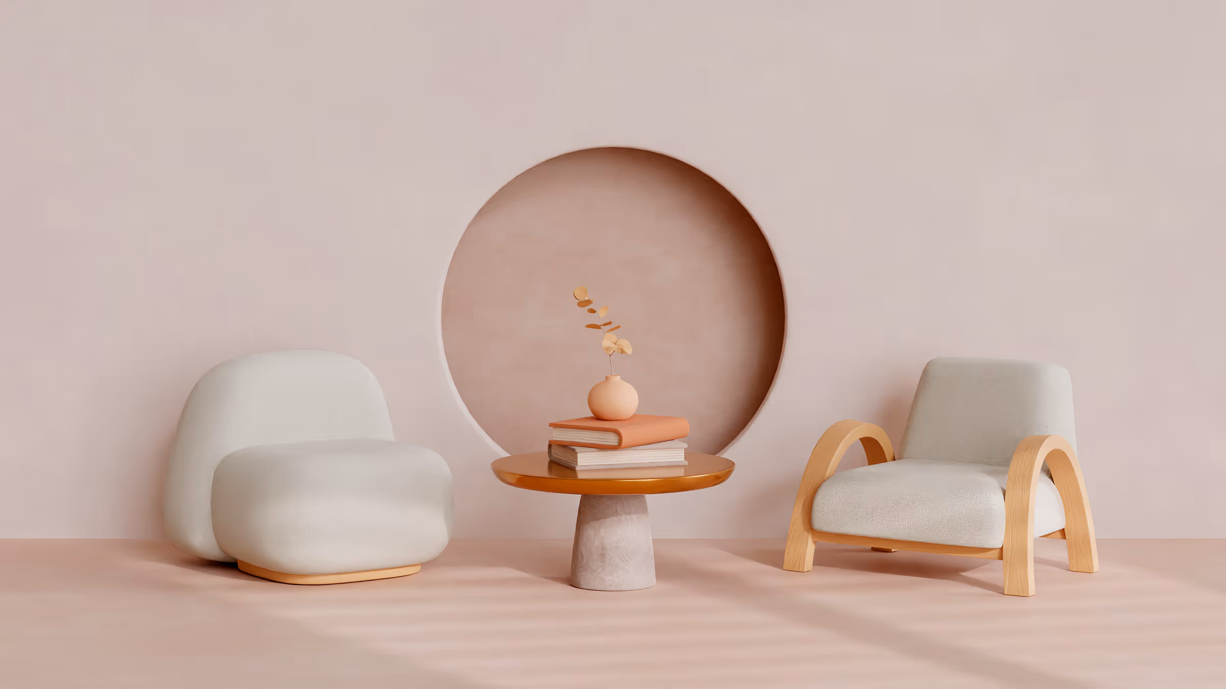 Minimalist chairs with a round table and vase in a soft beige room