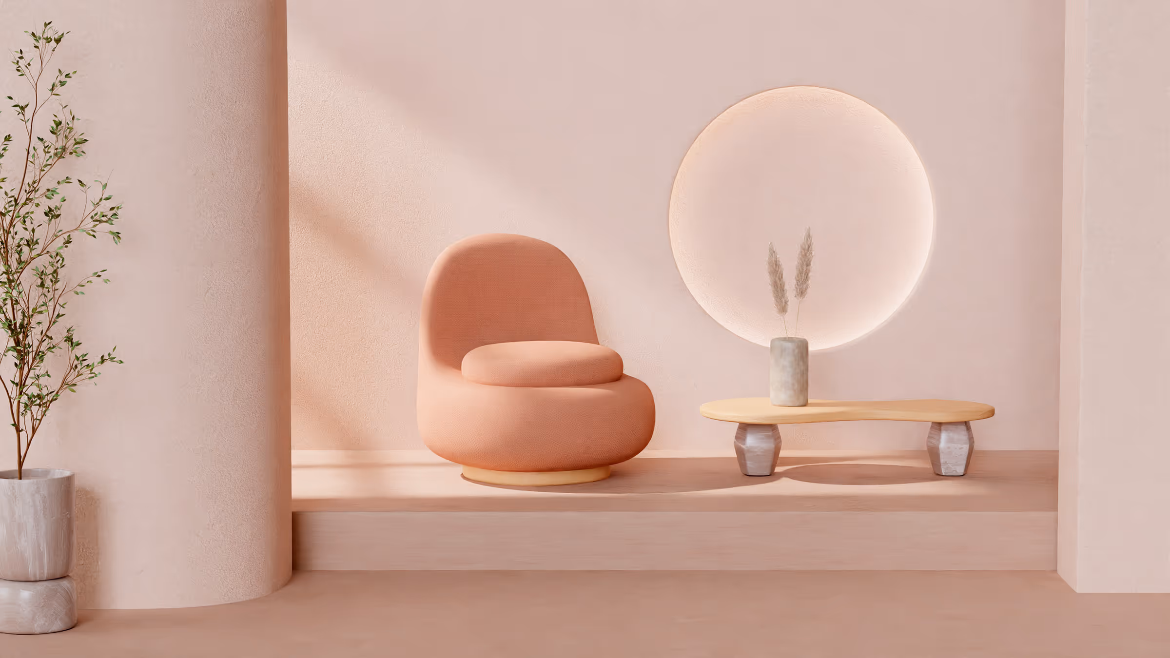 Minimalist seating area with a rounded peach chair, sculptural low table, and soft pink backdrop