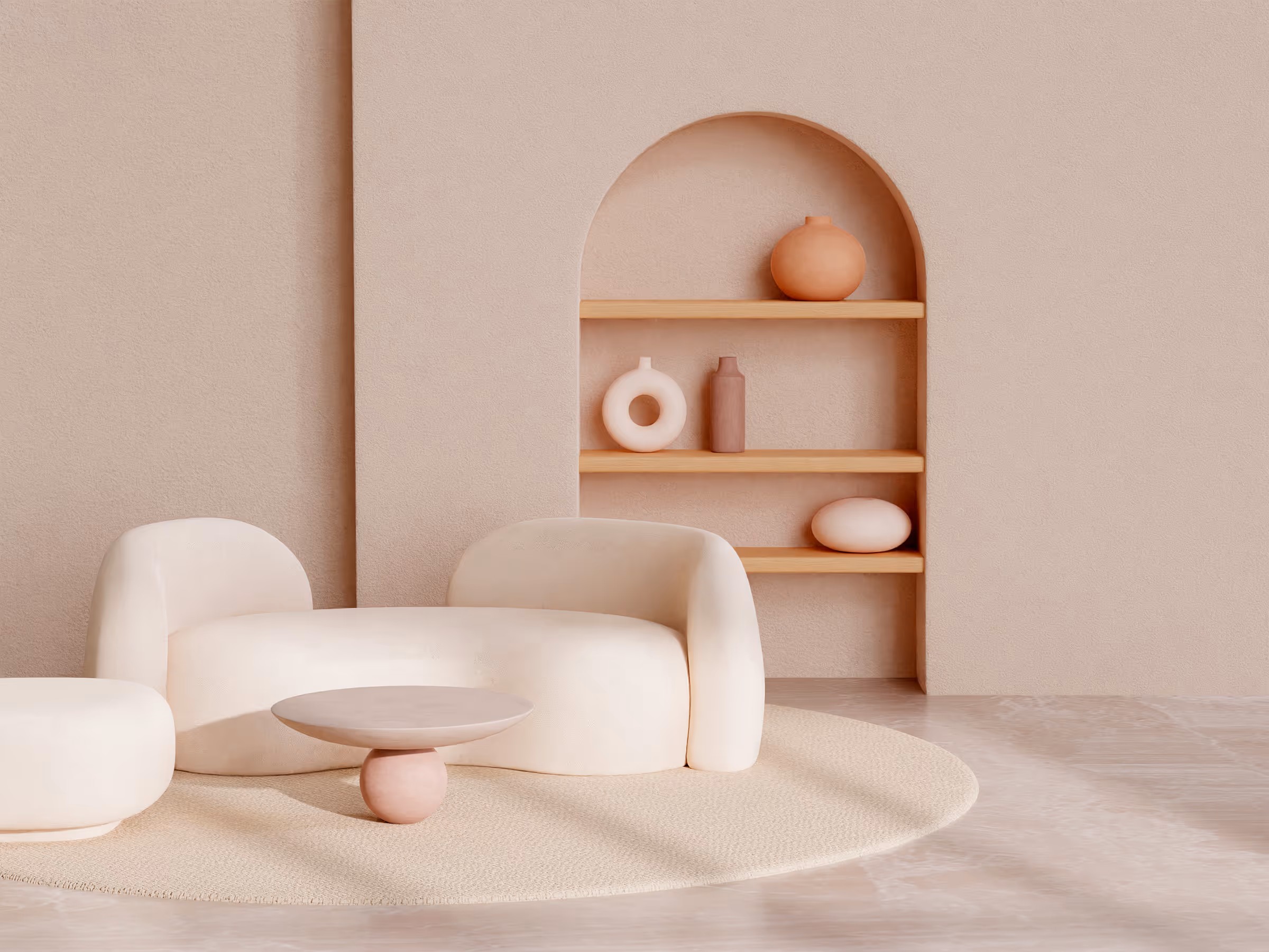 Beige room with curved sofa, round table, and arched shelves