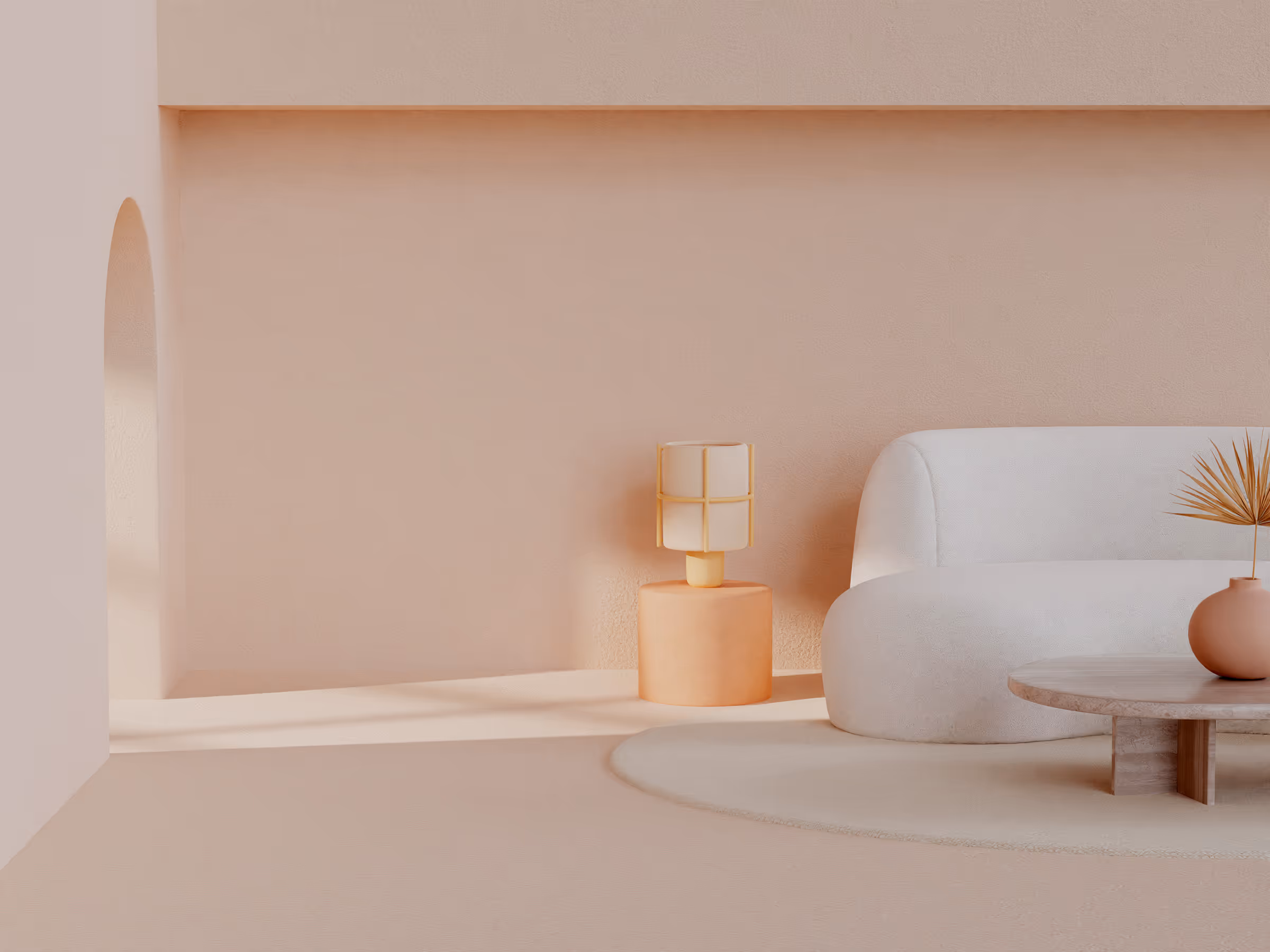 Minimalist beige living room with white sofa, round lamp, and coffee table