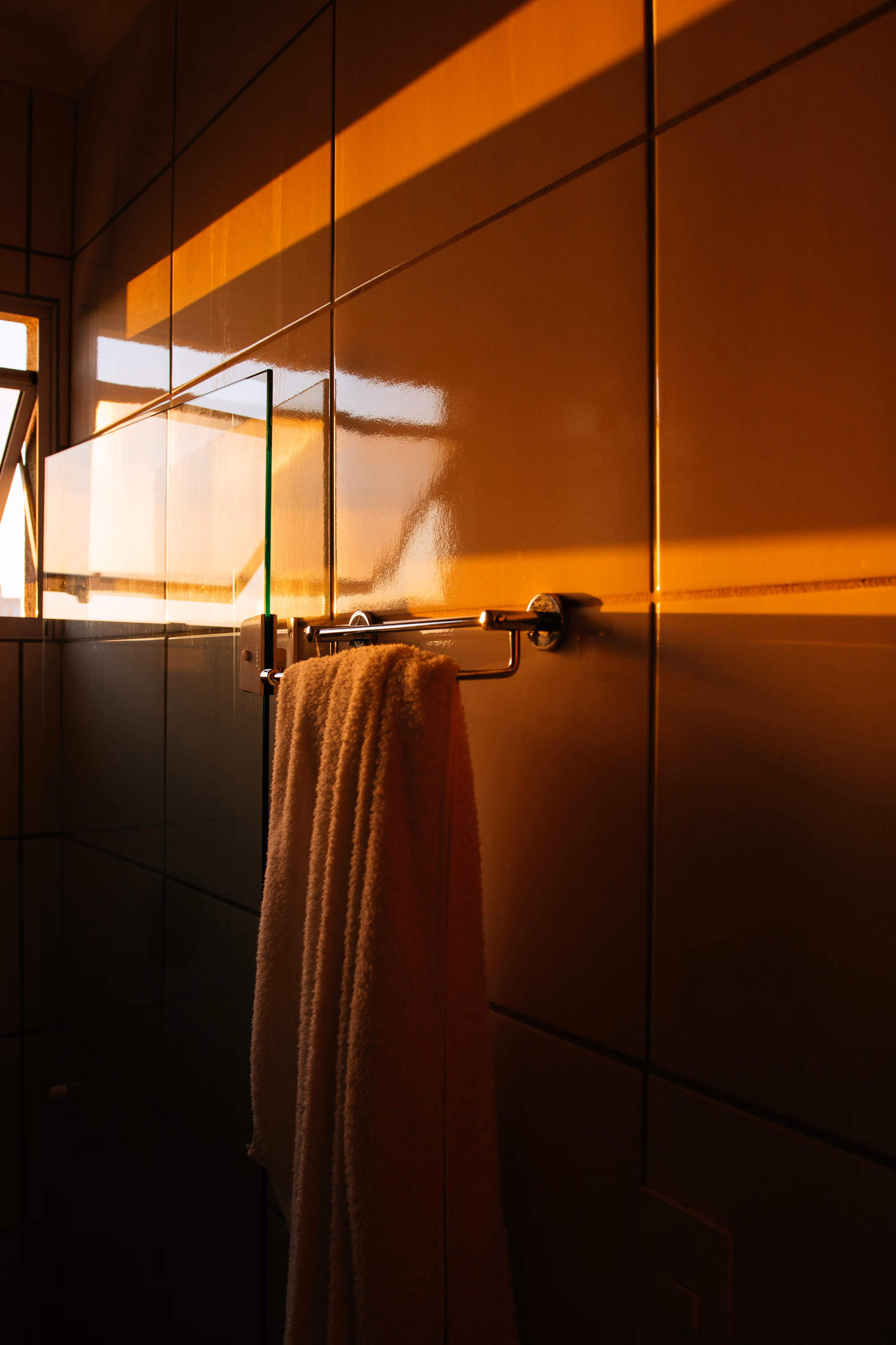 Elegantes Badezimmer mit dunkler Holzverkleidung, Handtuchhalter und warmem Lichtambiente