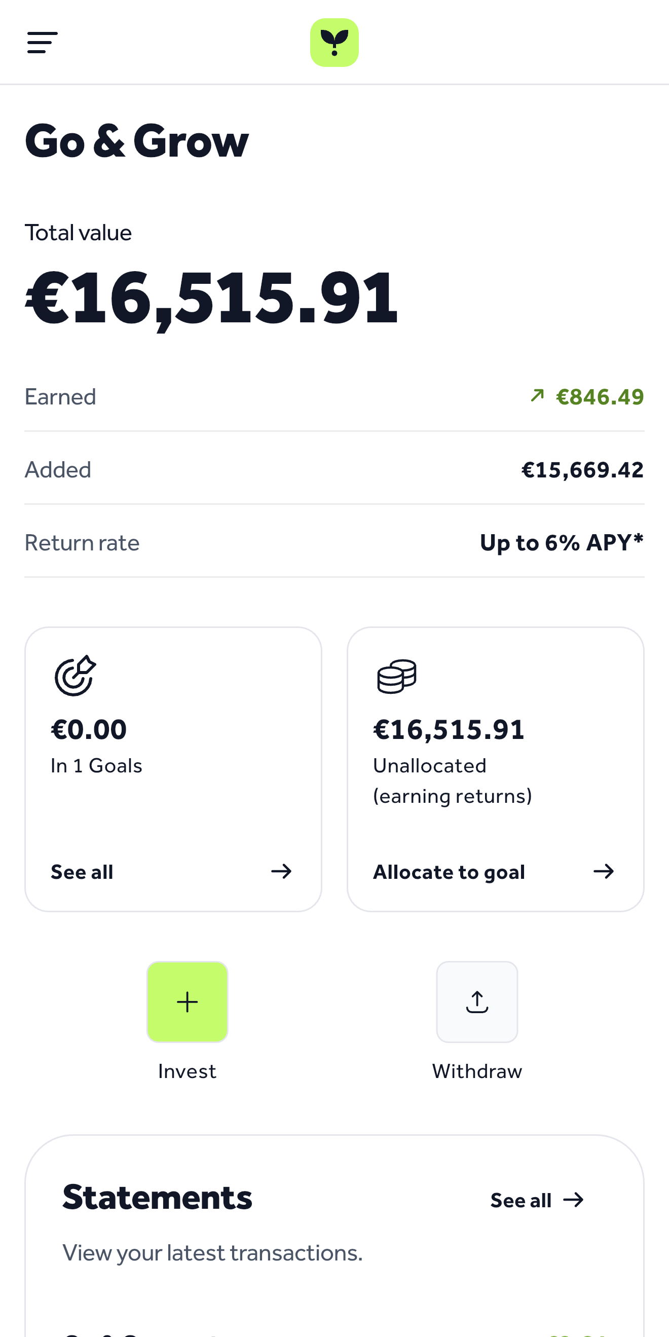 Go and Grow dashboard showing total value of EUR 16,515.91, EUR 846.49 earned, and 6% APY target